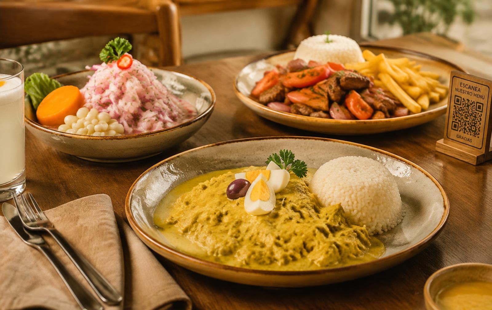 Platos peruanos con un QR de carta digital sobre la mesa